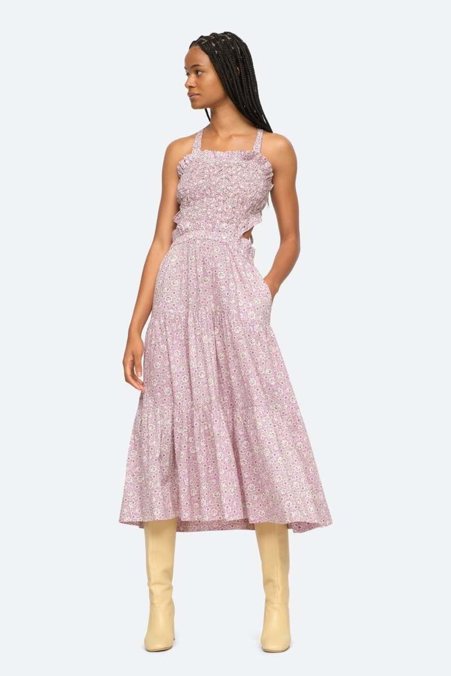 Sea New York Ida Floral Print Sleeveless Tiered Midi Apron Dress Lilac Womens M